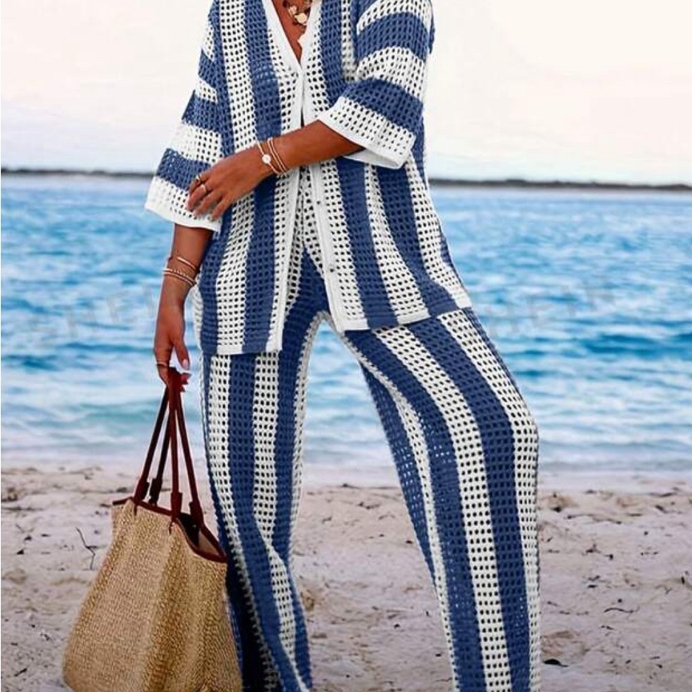 Princess Polly Beach cover up set (navy and white striped)